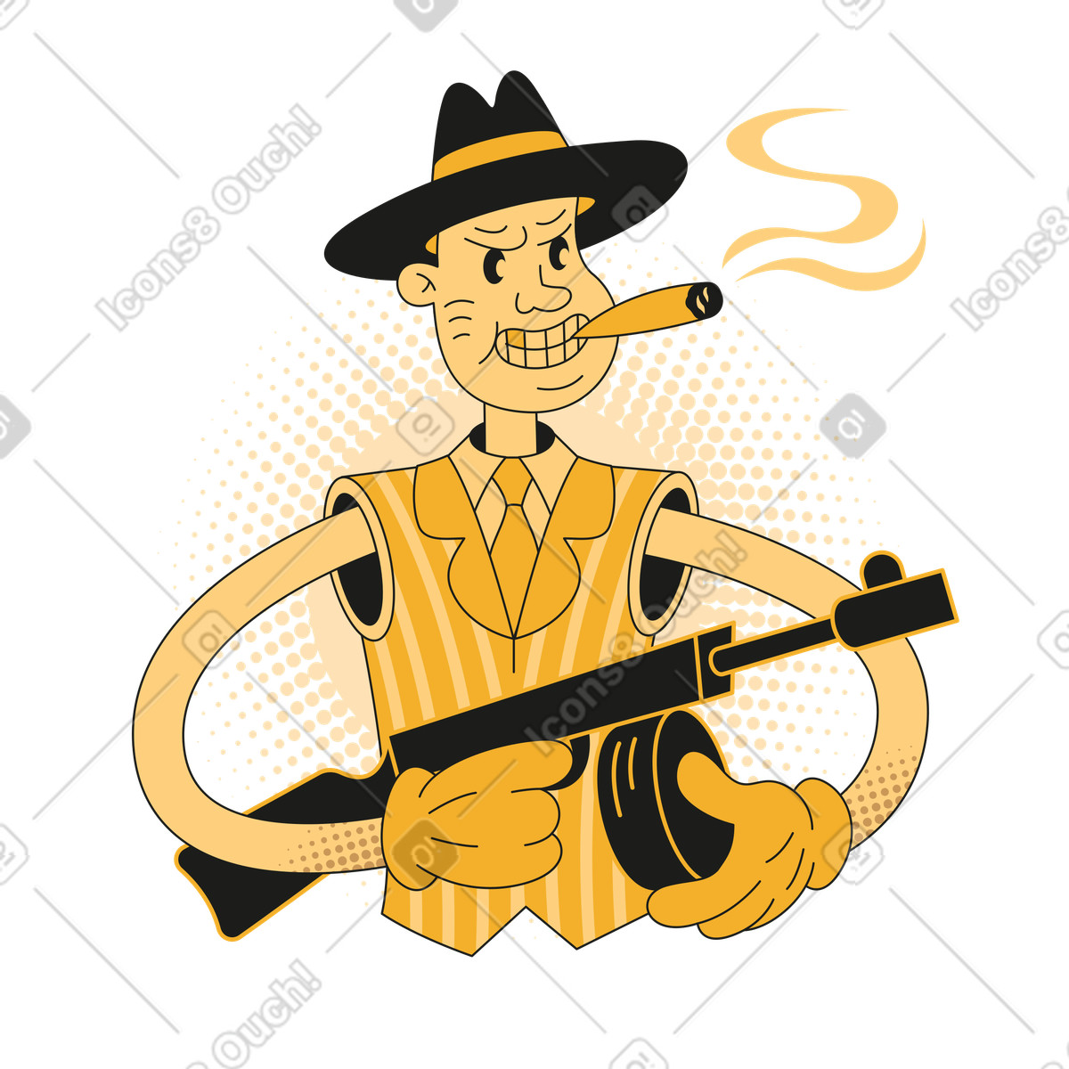 Gangster with cigar and tommy gun, Vintage mafia character illustrazione animata in stile Rubber scaricabile in GIF, Lottie (JSON), AE