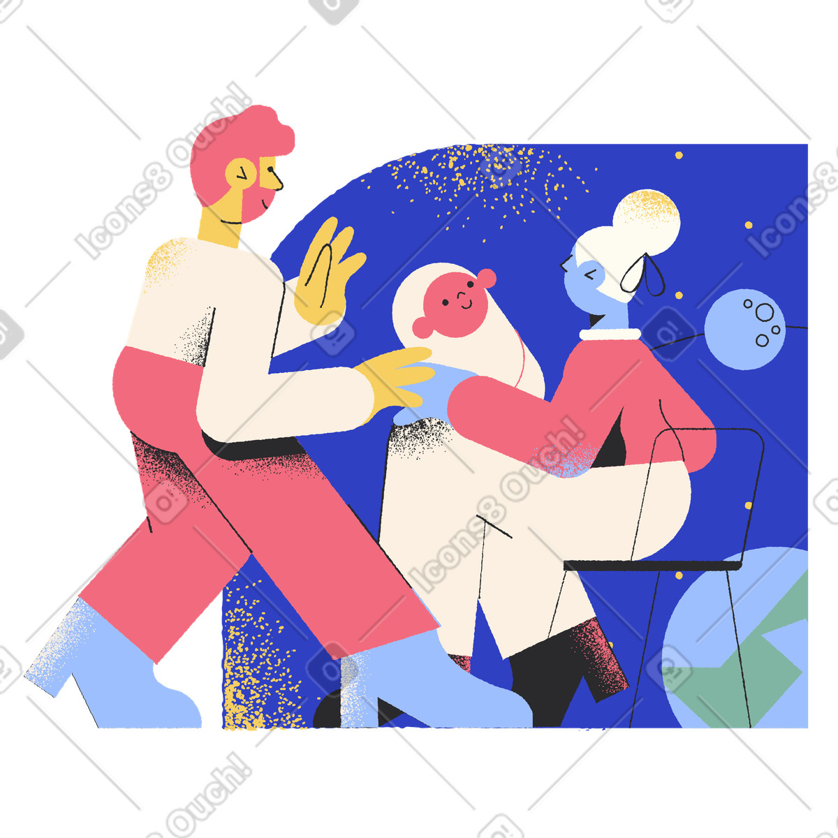 Man and woman looking after a newborn illustration in Pablo style download in PNG, SVG