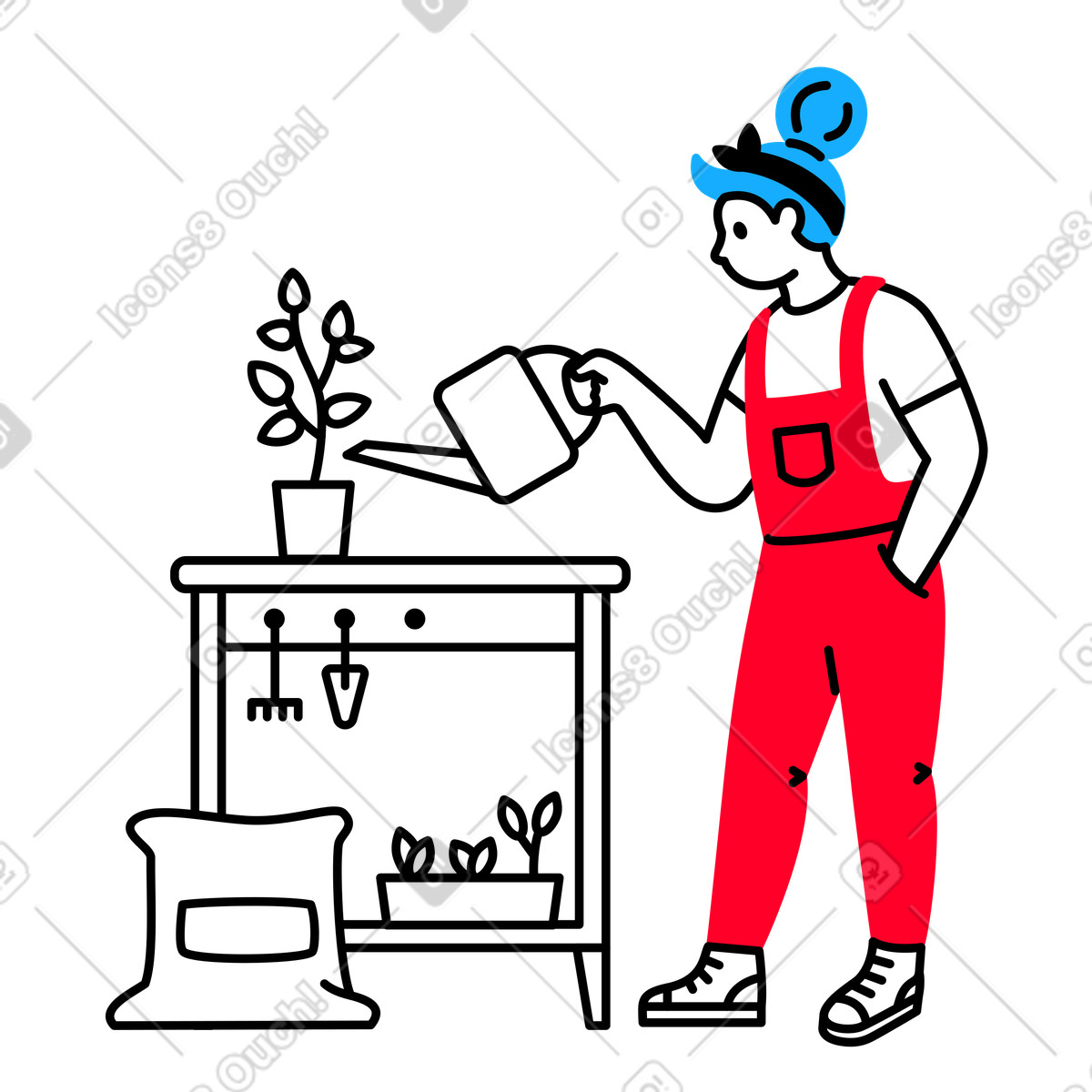 La ragazza in tuta sta facendo il giardinaggio e innaffia una pianta illustrazione stile Transistor scarica PNG, SVG