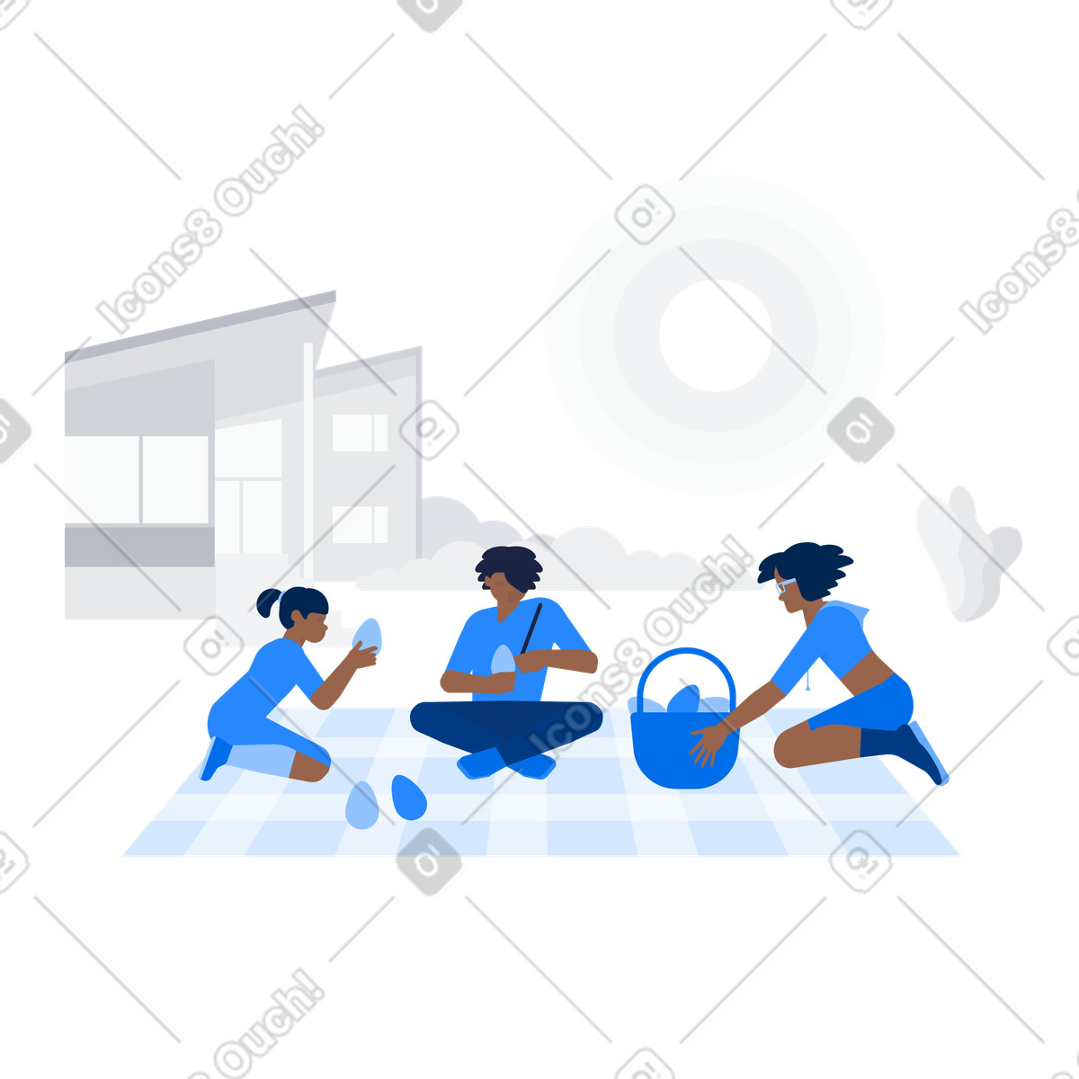 Иллюстрация Family decorating Easter eggs during picnic, Outdoor activity в стиле Urban — скачать в форматах PNG, SVG