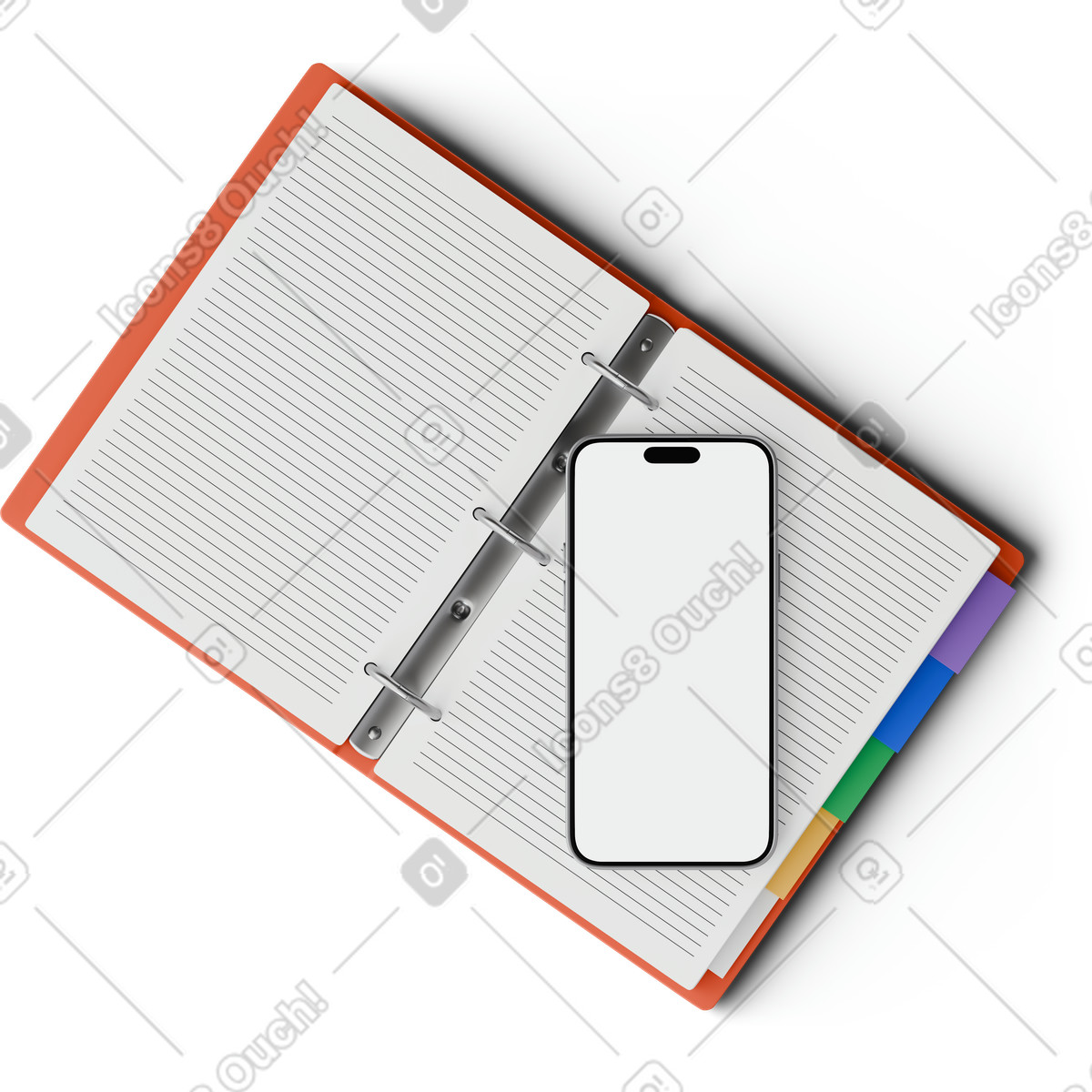 Top view of smartphone on binder illustrazione in stile 3D Hygge scarica in PNG, SVG