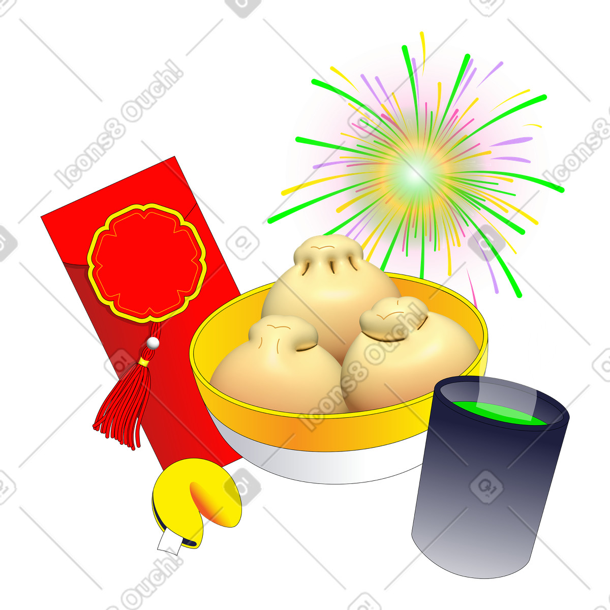 Ilustración Bowl of baozi and money envelope with firework, Traditional Chinese Spring Festival symbols en estilo Pop a descargar en PNG y SVG