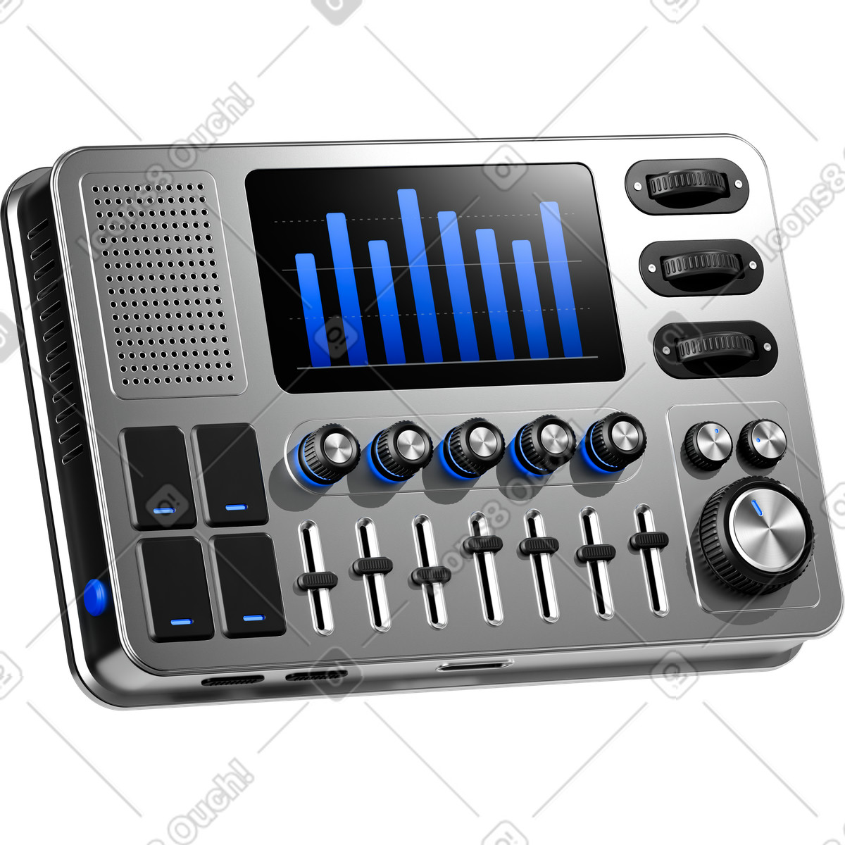 下载 3D Pro 风格的 Mixer console with sliders knobs and screen showing audio levels 插画，支持 PNG、SVG 格式