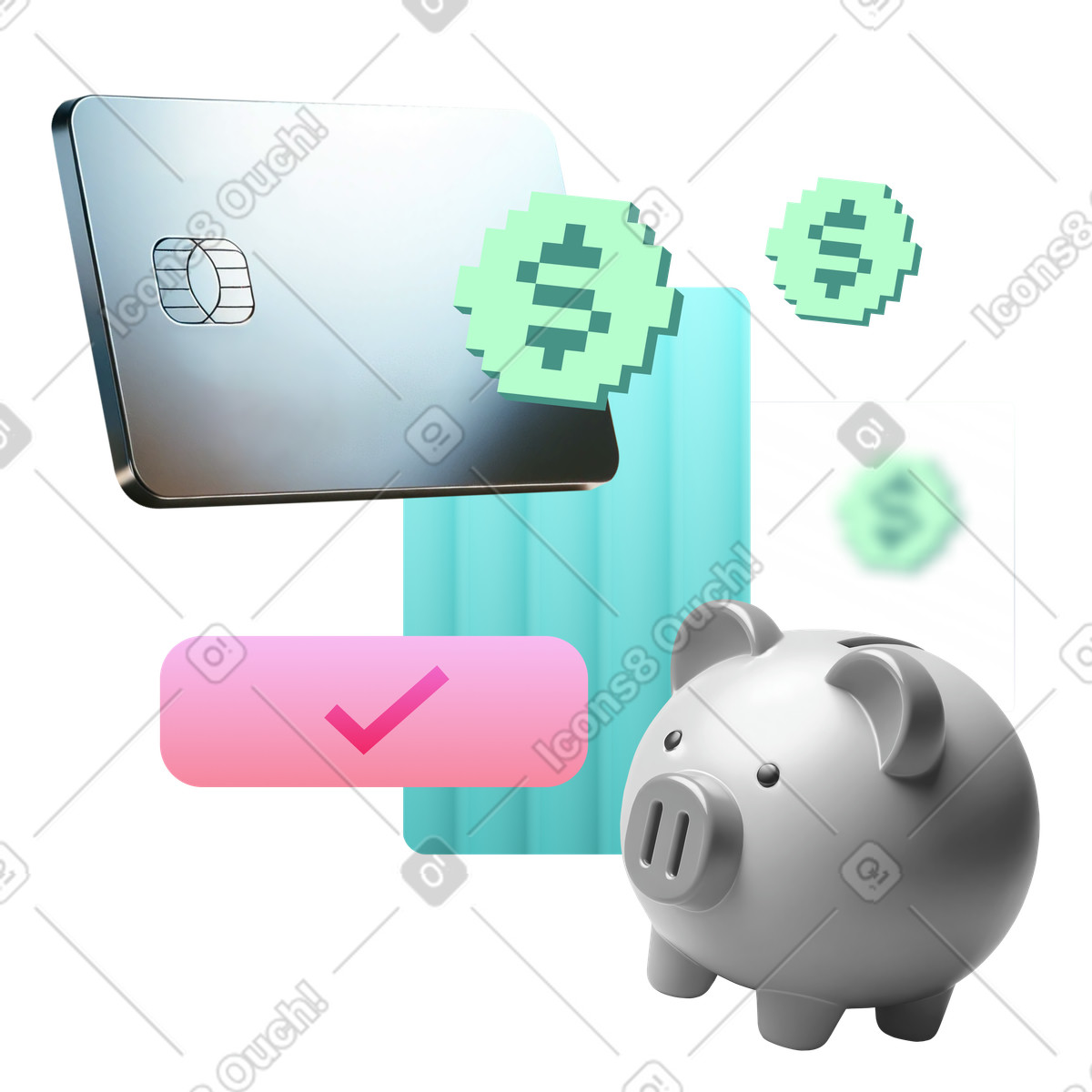 Credit card with piggy bank and dollar coins, Personal finance online savings account illustration in Chromed style download in PNG, SVG
