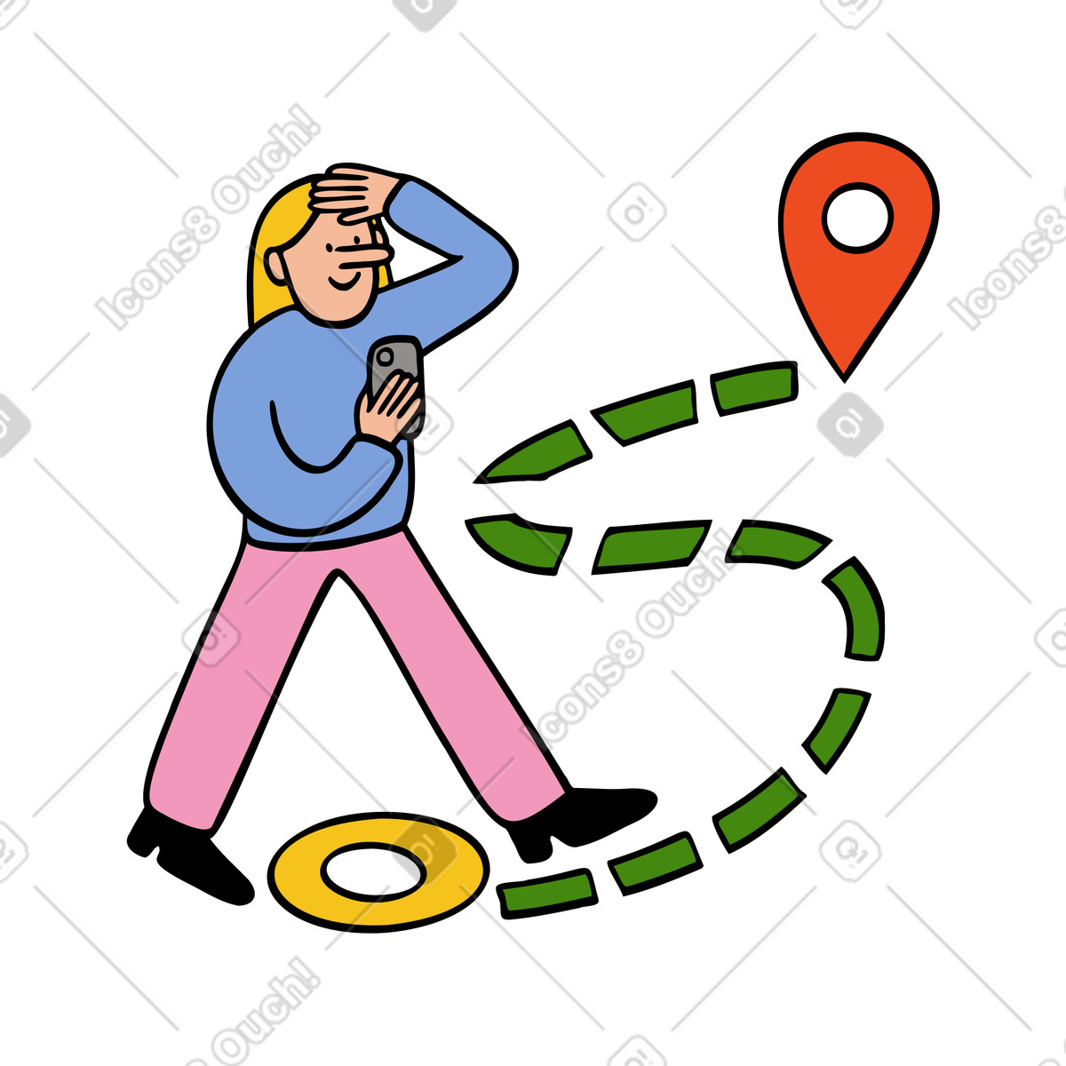 Иллюстрация Женщина добралась до места назначения, используя gps на телефоне в стиле Comic — скачать в форматах PNG, SVG