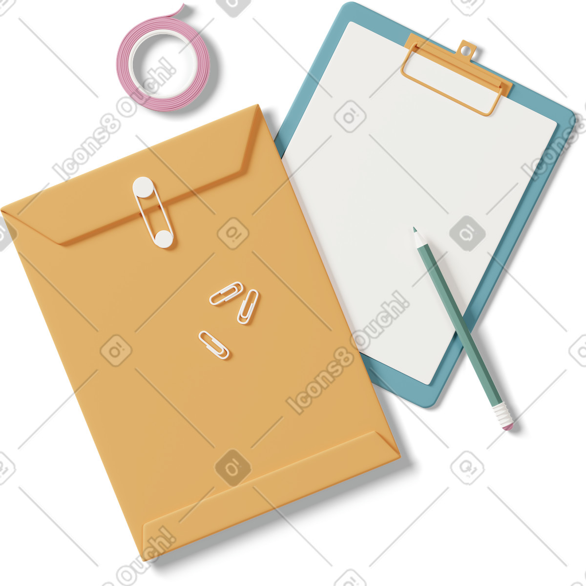 Business letter documents and pencil-Illustration im 3D Casual life-Stil als Download in PNG, SVG