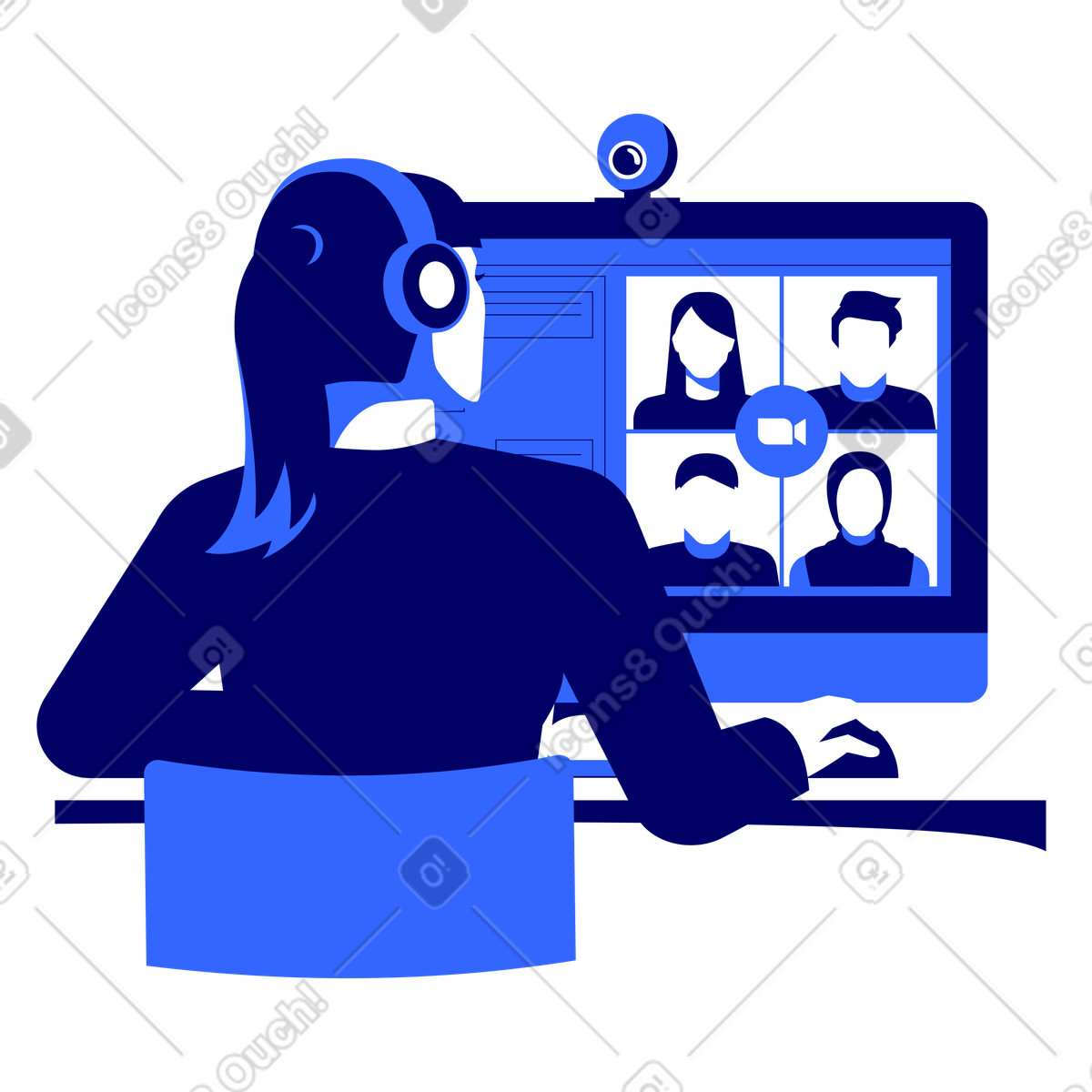 Frau am computer bei online-meeting animierte Illustration im Lounge-Stil als Download in GIF, Lottie (JSON), AE