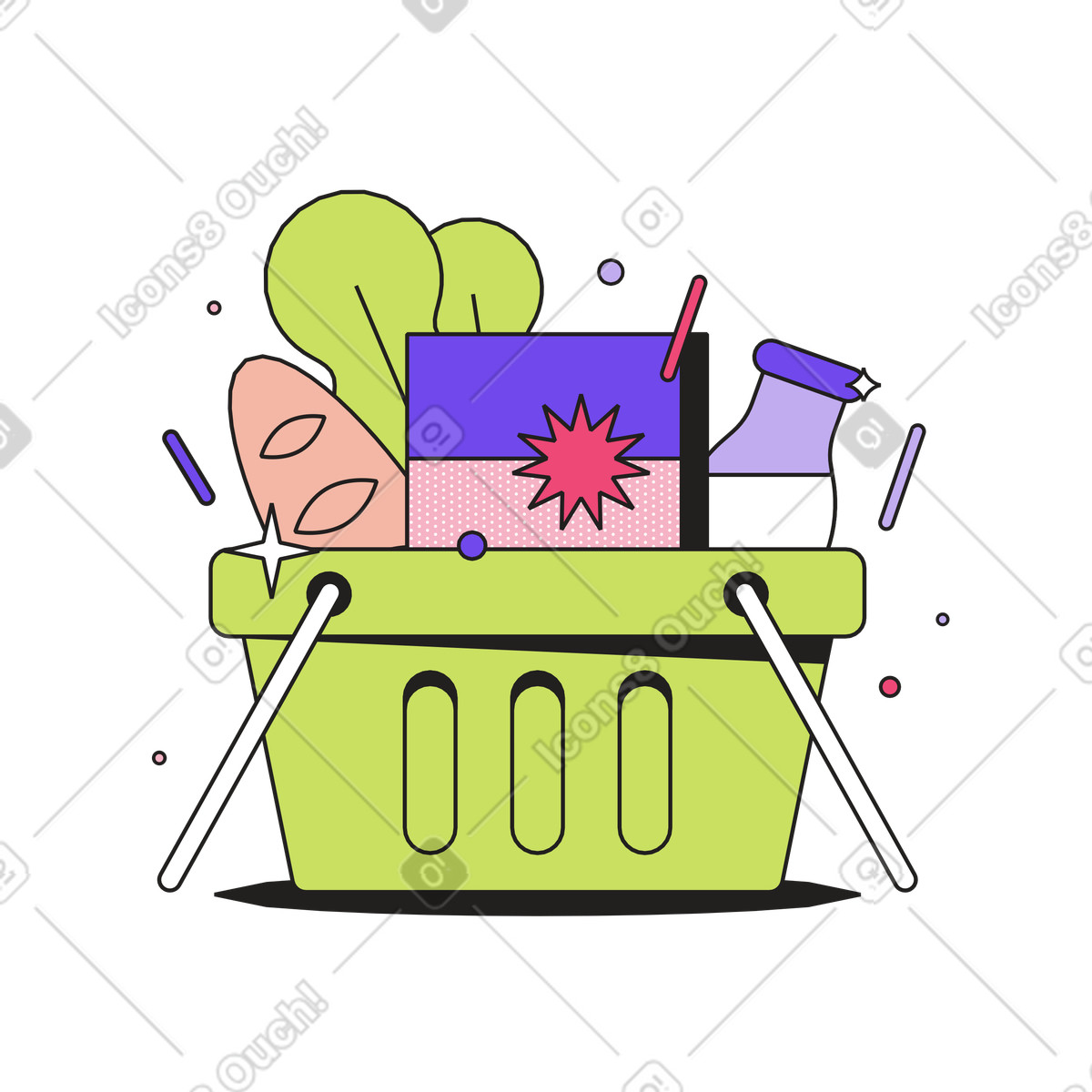 Full shopping basket with groceries, Supermarket or grocery haul illustration in Dazzle style download in PNG, SVG