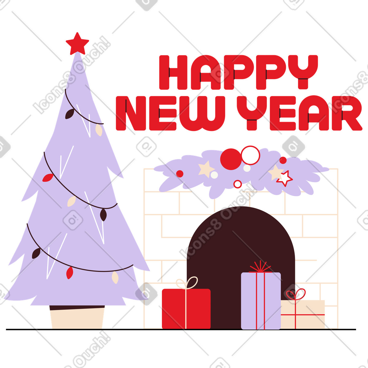 Ilustración Cozy fireplace with New Year decorations, Holiday celebration en estilo Folks a descargar en PNG y SVG
