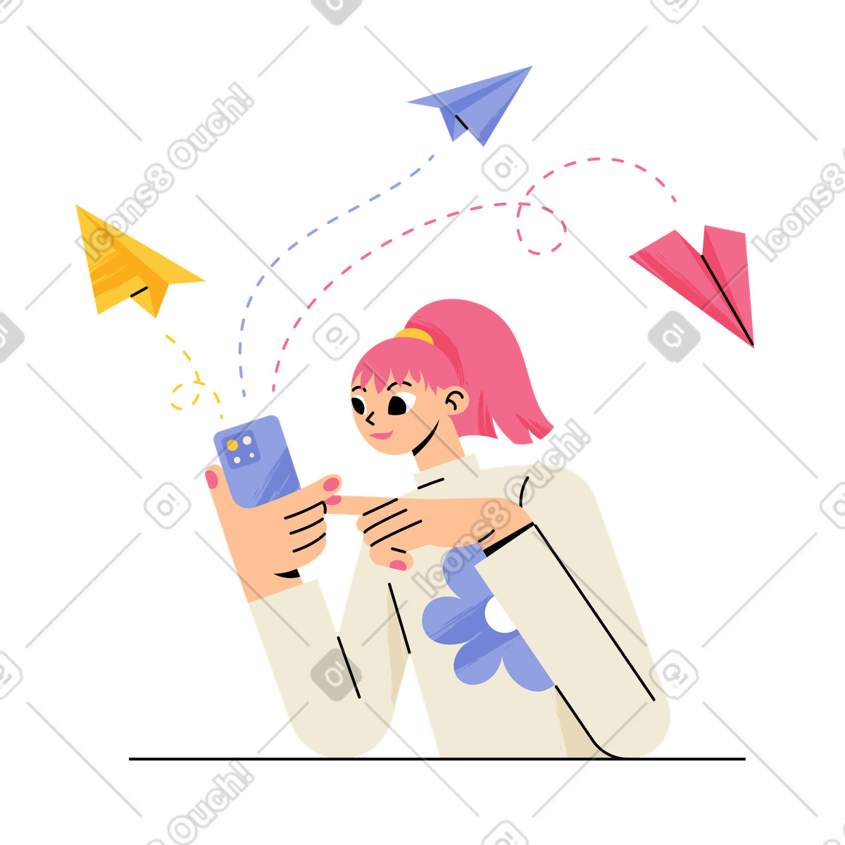 Ilustración animada Chica enviando mensajes desde su teléfono en estilo Juicy a descargar en GIF, Lottie (JSON), AE