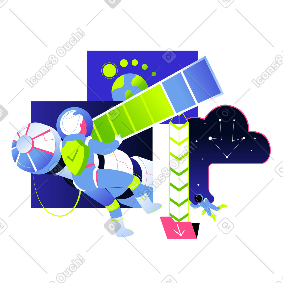 下载 Space 风格的 宇航员在太空下载文件 插画，支持 PNG、SVG 格式