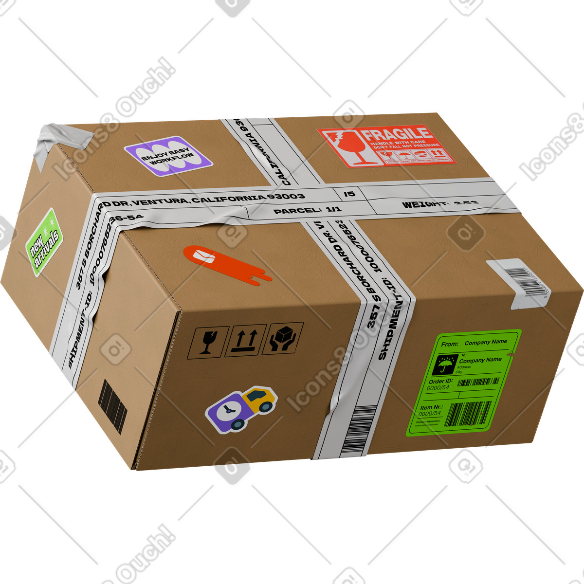 3D Hygge スタイルの Cardboard box with stickers のイラストをPNG、SVG形式でダウンロード
