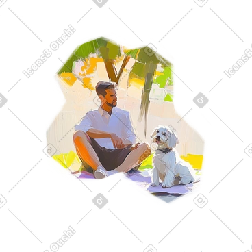 Oil painting of man with bolonka sitting in city park PNG, SVG