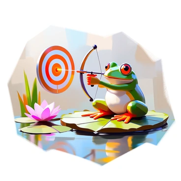 A cartoon frog with bright green skin and big round eyes is sitting on a round lily pad. The frog is holding a slingshot tightly, aiming carefully at a bullseye target that floats on the surface of the water. The water is calm and reflects the vibrant colors of the scene. Surrounding the lily pad are a few pink water lilies and green reeds, adding to the natural setting. The frog's expression is focused and determined, capturing the moment of concentration before it releases the slingshot.