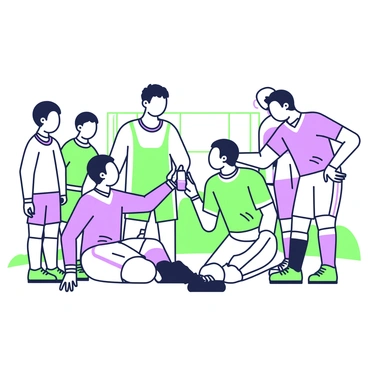 A group of players is gathered on a sports field, focused on an injured opponent who is sitting on the ground. One player is kneeling beside the injured athlete, offering a supportive hand. Another player stands nearby, looking concerned while holding water for the injured athlete. Other teammates are visible in the background, watching with expressions of empathy. The scene conveys a moment of camaraderie, with the players demonstrating kindness and respect toward their injured counterpart.