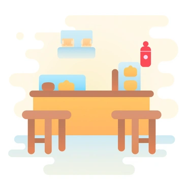 A cozy cafe interior with wooden tables and chairs, a counter displaying baked goods, and a fire extinguisher mounted on the wall near the counter.