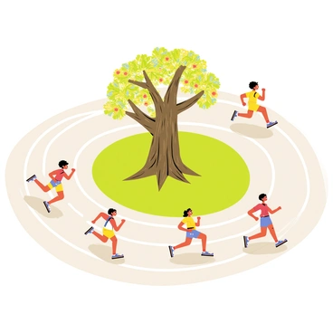 A group of runners sprinting along a curved track. The track has distinct lane markings and is surrounded by green grass. In the center of the track, there is an ancient tree with a thick trunk and a wide canopy, its bark textured and rough. The tree is in full bloom, with vibrant flowers in various colors, casting a soft glow. The runners are wearing bright athletic gear and displaying focused expressions as they race. A blue sky can be seen above, creating a lively atmosphere for the scene.