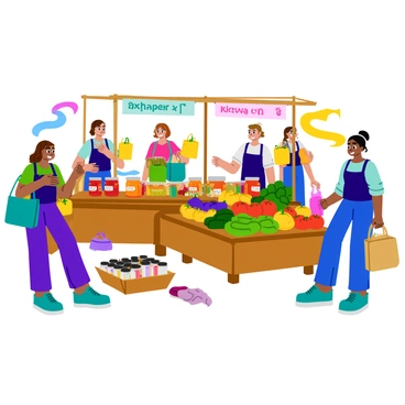 A lively local market scene with several vendors showcasing their homemade goods and fresh produce. One vendor is standing behind a wooden stall filled with jars of colorful homemade jams, while another vendor has a table overflowing with vibrant fruits and vegetables, including bright red tomatoes, green cucumbers, and yellow bell peppers. Customers are interacting with the vendors, some holding bags filled with purchases. The market is bustling with activity, with banners and signs hanging overhead displaying the names of the stalls. Sunlight casts fun shadows, adding warmth to the vibrant atmosphere.