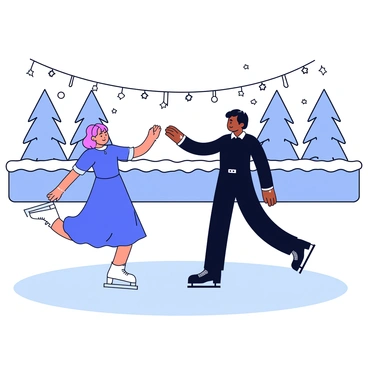 Two figure skaters are gracefully performing elegant moves on an outdoor ice rink. The rink is surrounded by snow-covered trees and twinkling fairy lights, creating a festive atmosphere. One skater is wearing a flowing blue dress, while the other is dressed in a sleek black outfit. The ice reflects their movements as they glide effortlessly, leaving behind smooth traces. In the background, snowflakes gently fall from the sky, adding to the winter scene.