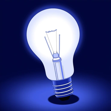 A glowing incandescent light bulb is suspended in mid-air. The bulb has a classic rounded shape with a smooth glass surface, and inside, the visible filament is illuminated brightly, showcasing its intricate wire structure. The background is dark, emphasizing the warm glow radiating from the bulb, which casts soft shadows around it. The base of the bulb is metallic, featuring a threaded connector that is detailed and reflective.