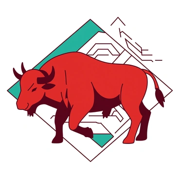 A red buffalo stands majestically in the center of the image, showcasing its powerful form. The buffalo's strong body is accentuated with sharp, sleek lines, creating a sense of elegance. Surrounding the buffalo, there are geometric shapes in a contrasting teal, enhancing the modern feel of the composition. The buffalo's horns curve upward dramatically, adding to its imposing presence. The background features a pattern of interlocking shapes that complements the buffalo's design, creating a harmonious visual balance.