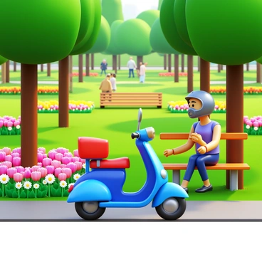 A moped parked on a path in a vibrant city park. A moped driver wearing a helmet is seated on a nearby bench, enjoying a moment of relaxation. The park is filled with colorful flowers of various types, including tulips and daisies, arranged in neat flower beds. Tall green trees create a shady area, and sunlight filters through the leaves. The driver has a casual outfit and appears to be sipping a drink, with a few people walking in the background.