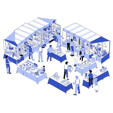 A sprawling outdoor flea market is filled with numerous vendors' stalls. Each stall offers a variety of knick-knacks and antiques, showcasing items such as vintage cameras, old books, and decorative porcelain figurines. Shoppers are browsing through the merchandise, examining items closely, and chatting with the vendors. There are tables covered with colorful tablecloths displaying jewelry, glassware, and unique handcrafted goods. The scene has a lively atmosphere, with people from different backgrounds interacting and exploring the diverse assortment of treasures available. The sky above is clear, allowing sunlight to illuminate the market.