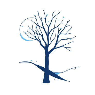 A simple line art piece featuring a lone tree on a hill under a crescent moon