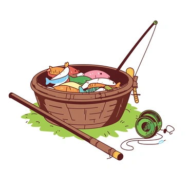 A brown woven basket is filled with assorted fresh bait, including small fish, worms, and crickets, each visible and distinct within the basket. The basket rests on a grassy surface, and beside it, there is a long wooden fishing rod with a green fishing reel attached. The fishing line is gently coiled beside the rod, with a small hook visible at the end. Soft sunlight casts a warm glow on the scene, highlighting the vibrant colors of the bait and the texture of the basket and rod.