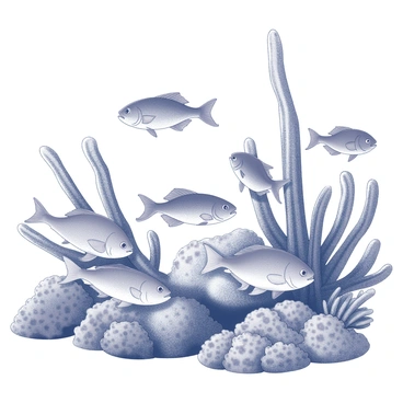 An underwater scene filled with various species of fish swimming among the coral. The fish exhibit diverse shapes and sizes, interacting with each other as they navigate through the intricate coral formations. The coral displays unique textures and patterns, creating a dynamic backdrop for the fish. The composition captures the natural habitat of marine life, with elements of movement and depth within the underwater environment. The scene is depicted on a one-eighth illustration board, emphasizing the detailed interactions between the fish and coral.