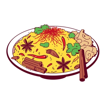 A close-up view of a vibrant dish of biryani, showcasing a rich blend of rice and spices. The dish is topped with saffron strands, and the golden grains of basmati rice are interspersed with bright red chili pieces and green cilantro leaves. Whole spices like star anise, cardamom pods, and cinnamon sticks are visible among the rice, adding texture and color. The background is softly blurred to accentuate the detailed presentation of the individual spices and the appetizing appearance of the biryani.