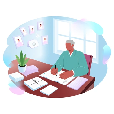 An elderly person with gray hair is sitting at a wooden desk, writing a letter with a fountain pen. The sunlight streams through a nearby window, casting a warm glow on the scene. The desk is cluttered with various items that evoke memories, including framed photographs, a small clock, and a potted plant. A stack of letters tied with twine sits to one side, while an open notebook filled with notes rests nearby. The atmosphere captures a sense of nostalgia and reflection.