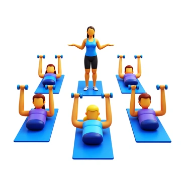 A group of five individuals in a fitness class, each lying on exercise mats, are simultaneously practicing the "dumbbell pullover." Each person holds a dumbbell above their chest with both hands, arms extended. The individuals vary in age and gender, showcasing diversity within the group. The instructor, standing at the front, demonstrates the correct form while wearing workout attire. Bright lighting illuminates the gym, highlighting the determination on the participants' faces as they engage in this strength training exercise.