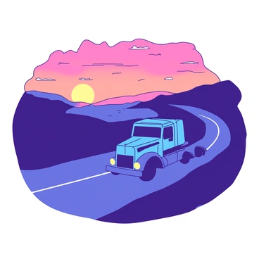 A blue truck is driving along a winding highway that curves gracefully between rolling hills. The truck has its headlights on, illuminating the road ahead. In the background, a vibrant sunset fills the sky with shades of orange and pink, casting a warm glow over the landscape. The sun is positioned low on the horizon, partially hidden behind the hills, while scattered clouds catch the colorful light. The asphalt of the highway reflects some of the sunset colors, enhancing the picturesque scene.