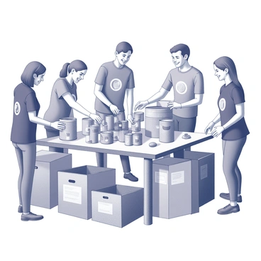 A group of volunteers is engaged in sorting canned goods at a food bank. There are several individuals, both men and women, working together. They are smiling and interacting with each other while organizing the items. The volunteers are wearing casual clothing and gloves for hygiene. Canned goods of various shapes and sizes are spread out on the tables and the floor around them. There are boxes labeled for different categories of food, and some volunteers are placing the cans into these boxes. The atmosphere is lively and collaborative, reflecting a sense of community and shared purpose.