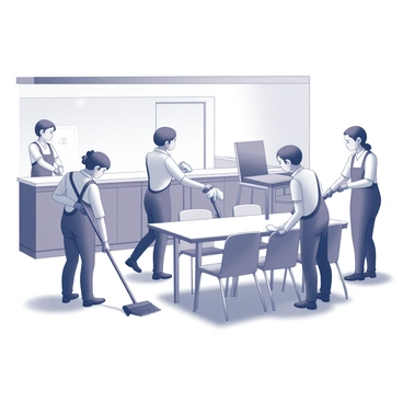 A group of staff members is engaged in various cleaning activities in a cafeteria setting. One person is sweeping the floor with a broom, while another is wiping down the tables with a cloth. A third staff member is stacking chairs on top of the tables in preparation for the next day. The kitchen area is visible in the background, where a staff member is washing dishes at the sink. The lights are dimmed, creating a calm atmosphere as the staff works together to restore order.