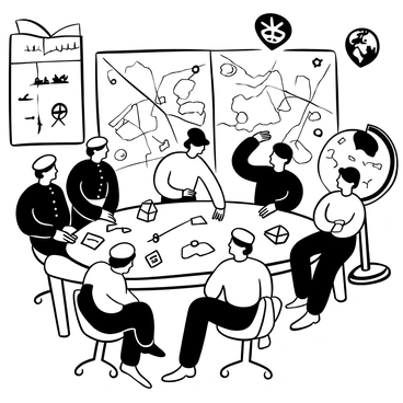 Several generals in military uniforms are gathered around a large, detailed map table. They are examining the map, pointing at various strategic locations with their fingers and leaning in closely to discuss plans. Some generals are holding papers and notebooks filled with notes, while others have their arms crossed in deep thought. A large globe is positioned nearby, adding to the tactical atmosphere. The room is filled with maps covering the walls, and there are various military insignias and decorations displayed prominently.