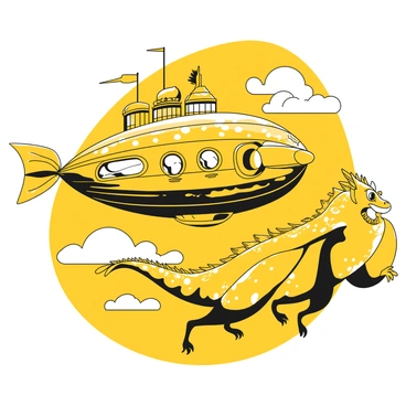 An airship gliding gracefully through the sky, with billowing sails and intricate details on its structure. The airship features a large, revolving propeller at the rear. Beside it, a massive, friendly fantasy creature flies alongside, resembling a dragon with large, leathery wings and a gentle expression. The creature is adorned with elaborate patterns on its scales. The sky around them is filled with fluffy clouds, creating a vivid sense of height and adventure.