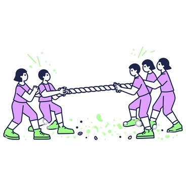 Two teams are engaged in a fierce tug-of-war competition, each group straining against the other as they pull on a thick rope. On the left, a team of five people, each wearing matching uniforms, grips the rope tightly. Their faces show determination and effort. On the right, another team of five, also in uniforms, mirrors their stance, digging their feet into the ground to gain leverage. The rope is taut between the two teams, creating an impression of a standstill, with both sides equally matched. The scene captures the intensity of the competition, with dust rising from the ground as they pull.