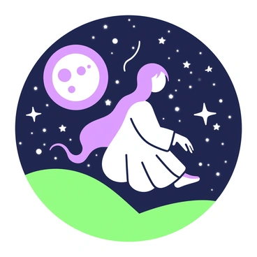 A night spirit is floating in the sky, surrounded by shimmering stars and a glowing moon. The spirit has a soft, ethereal appearance, with wispy trails that blend into the night. The moon is full and casts a gentle light over the landscape below. Stars twinkle brightly, scattered across the dark sky. The overall scene conveys a peaceful night atmosphere filled with celestial beauty.