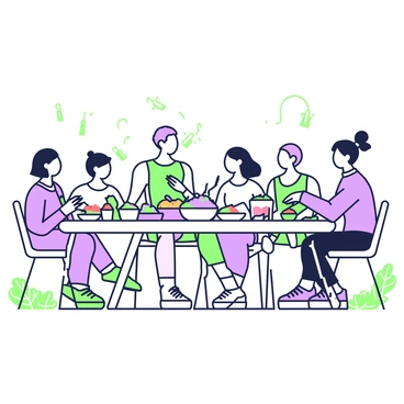 A long table is set outdoors for a communal meal. A diverse group of people, including individuals of various ethnicities, are seated around the table. Each person is smiling and engaged in conversation. Various dishes filled with food are placed in the center of the table, showcasing an array of vibrant colors and textures. There are plates and utensils in front of each person. Soft lighting illuminates the scene, creating a warm atmosphere. Decorative elements, such as flowers and candles, are arranged along the table to enhance the inviting setting.