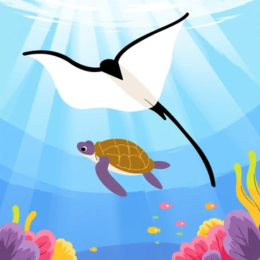 A manta ray gliding gracefully through clear blue ocean waters. The manta ray has large, wide wings with a dark top side and a white underside. Below it, a sea turtle swims alongside, featuring a brown, patterned shell and flippers that propel it gently through the water. Sunlight filters through the water, creating a beautiful play of light and shadows around the manta ray and sea turtle as they share the serene underwater environment. Various colorful coral and small fish can be seen in the background, enhancing the vibrant ocean scene.