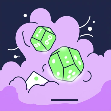 A set of translucent dice is floating above a surface, surrounded by a swirling, dense fog. Each die is showing different numbers on its faces, with a soft glow emanating from within, illuminating the edges. The fog creates an ethereal atmosphere, with wisps curling around the dice. The scene is dimly lit, emphasizing the glowing dice as the main focus.