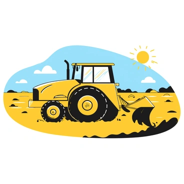 A large tractor with a yellow exterior is actively plowing a vast field. The tractor has large, sturdy wheels and is equipped with a plow attachment at the rear. The field being plowed is expansive, with rows of freshly turned black soil visible. In the background, there is a clear blue sky, devoid of clouds, allowing sunlight to illuminate the scene. The sun casts shadows from the tractor onto the ground, emphasizing its size as it moves forward.
