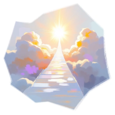 A heavenly bridge made of clouds leading upwards towards a bright, divine light