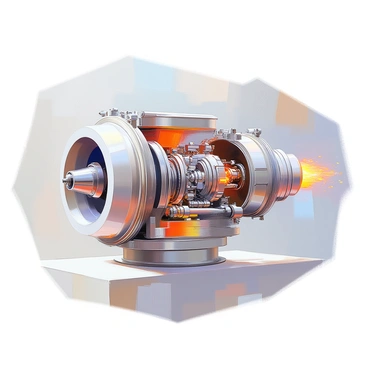 A cutaway illustration of a natural gas turbine engine that reveals its internal components. The engine is depicted in motion, with various sections clearly labeled. Visible elements include the combustion chamber, turbine blades, and exhaust system. Flames and exhaust gases can be seen exiting the rear, indicating the engine's operation. The background is minimal to emphasize the engine's detailed features.