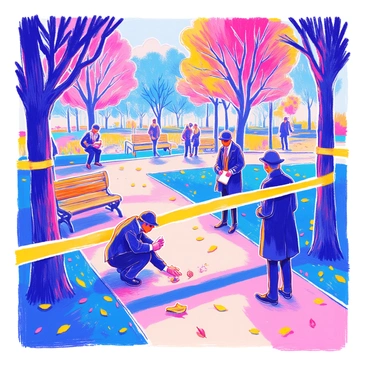 A small park is cordoned off with bright yellow police tape. The tape is stretched between trees and posts, creating a clear boundary. Several detectives dressed in dark suits and wearing gloves are scattered throughout the scene. One detective is crouched down, closely examining a small object on the ground, while another is taking notes on a notepad. In the background, there are park benches and a pathway lined with grass. A few scattered fallen leaves add to the scene's detail.