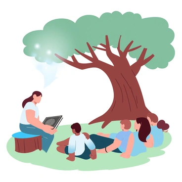 A group of young people is seated on the grass, attentively listening to an elderly storyteller. The storyteller is sitting on a wooden stool, with a weathered book in hand, showing intricate designs on its cover. Surrounding them is a large oak tree with broad, sprawling branches providing ample shade. Dappled light filters through the leaves, creating a pattern of soft highlights on the ground. Some young people are leaning forward in curiosity, while others are relaxed, resting against the trunk of the oak. The atmosphere is filled with a sense of wonder and engagement in the storytelling moment.