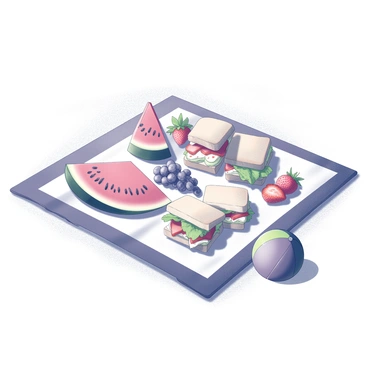 A beach blanket spread out on the sand. On the blanket, there is an assortment of fruits, including several sliced pieces of watermelon, strawberries, and a bunch of grapes. There are neatly arranged sandwiches with visible layers of lettuce, tomato, and cheese. Next to the blanket, a colorful beach ball sits on the sand, partially inflated. The sun casts shadows on the blanket, accentuating the vibrant textures of the food. The scene is lively, suggesting a joyful atmosphere perfect for a picnic.