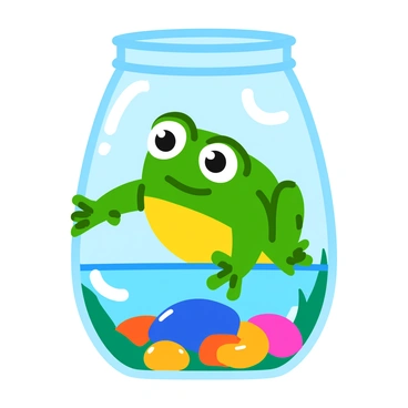 A curious frog with bright green skin and large, bulging eyes peers out from inside a clear glass jar. The jar is filled with crystal-clear water and smooth, colorful pebbles at the bottom. Sunlight reflects off the surface of the water, casting playful ripples. The frog's front legs rest on the rim of the jar, while its back legs are submerged, creating a sense of depth and activity. The surrounding space is filled with hints of greenery, suggesting that the jar is placed in an outdoor setting.